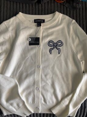 Arden B Cream Crewneck Button Cardigan with Navy Embroidered Bow